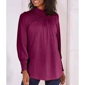 Soft Surroundings Purple Smocked Mock Neck‎ Long Sleeve Knit Tunic Top M